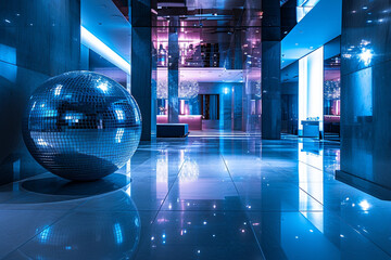 minimalist disco ball installation in a modern nightclub, surrounded by clean lines and contemporary decor, setting the stage for a dynamic and energetic atmosphere in a minimalist