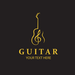 emblem of gold guitar with treble clef isolated on black background