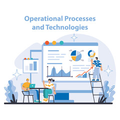 Operational processes and technologies concept. Integration of analytics and teamwork in business operations. Strategy, analysis, and collaboration. Flat vector illustration.