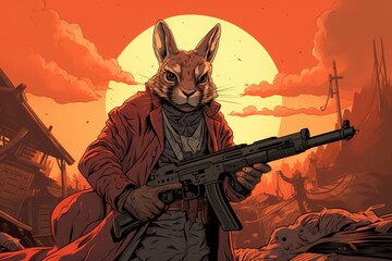  a rabbit is holding a gun in front of an orange and red sky with a full moon in the background. - obrazy, fototapety, plakaty