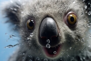  a close - up of a koala's face with bubbles of water around it's eyes and nose.