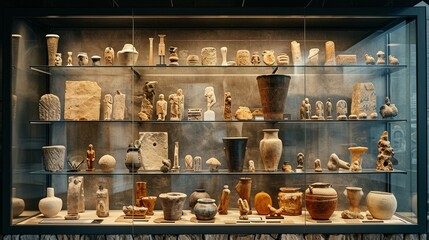 Artifacts arranged in a display case at an archaeological museum, showcasing the fruits of excavation. [Artifacts arranged in a museum display case - obrazy, fototapety, plakaty