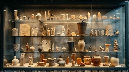 Fotobehang Artifacts arranged in a display case at an archaeological museum, showcasing the fruits of excavation. [Artifacts arranged in a museum display case © Julia