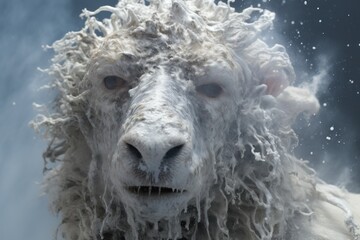  a close up of a sheep's face with a lot of hair on it's head and a blue sky in the background.
