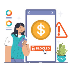 Fototapeta na wymiar Blocked Account concept. Concerned young woman viewing a warning of a blocked bank account on her smartphone, financial security issue. Flat vector illustration