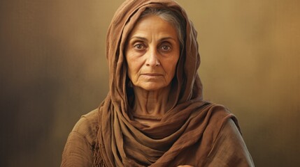 Photorealistic Old Persian Woman with Brown Straight Hair retro Illustration. Portrait of a person in ancient aesthetics. Historic movie style Ai Generated Horizontal Illustration.