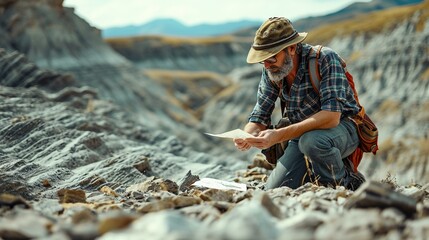 Geologist studying a fault line and documenting evidence of tectonic activity in the landscape. [Geologist studying fault line evidence - obrazy, fototapety, plakaty