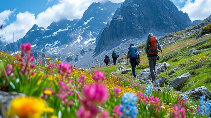 Mountaineers navigating a rocky section of a mountain with colorful alpine flowers in the foreground. [Mountaineers in rocky alpine terrain with flowers - obrazy, fototapety, plakaty