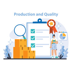 Fototapeta na wymiar Production and Quality concept. Detail-oriented quality control in manufacturing. Process validation through rigorous checklist. Achievement of high standards. Flat vector illustration.