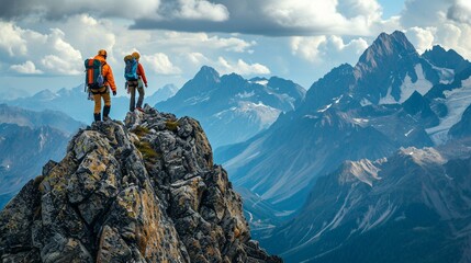 Mountaineers navigating a rocky ridge with breathtaking mountain landscapes in the background. [Mountaineers on rocky ridge