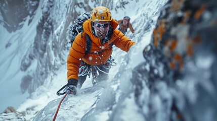 Climbers ascending a mixed ice and rock route on a challenging alpine face, showcasing technical mountaineering skills. [Climbers on mixed ice and rock route on alpine face - obrazy, fototapety, plakaty