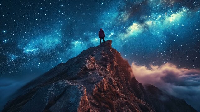 Mountaineers navigating a rocky ridge under a starry night sky, blending adventure with the beauty of the cosmos. [Mountaineers on rocky ridge under starry night sky