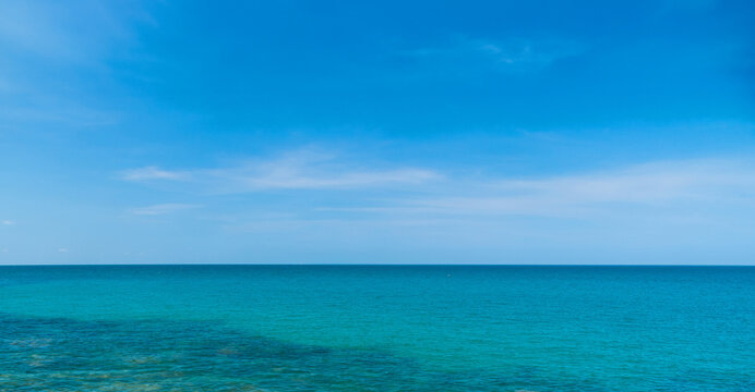 Panorama front viewpoint Leam Ya mountain landscape sea sky blue clear background no cloud day time look calm summer Nature tropical beautiful pacific ocean wave water nobody travel exotic horizon.