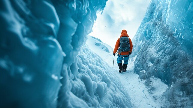 Mountaineer peering into a deep crevasse, showcasing the hazards and complexities of glacier travel. [Mountaineer peering into deep crevasse
