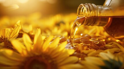 Sunflower cooking oil pours from bottle wallpaper background - obrazy, fototapety, plakaty