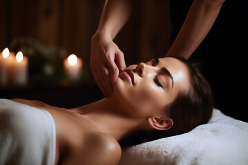 Obraz na płótnie Canvas Elegant Woman Experiencing Forehead Massage at Luxurious Spa