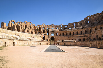 The ruins of ancient roman amphitheater in El-Jem. The largest colosseum in North Africa, Tunisia.