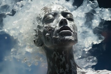  a close up of a statue of a person with bubbles coming out of it's head and a blue sky in the background.