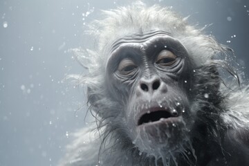  a close up of a monkey's face with snow flakes on it's face and a surprised look on its face.