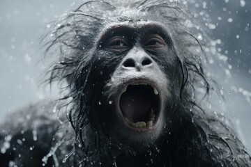 a close up of a monkey with it's mouth open and it's mouth wide open in the rain.