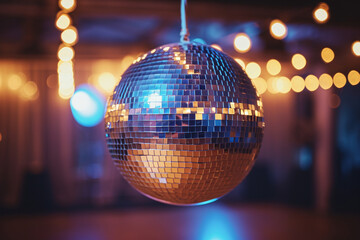 minimalist disco ball in a wedding reception venue, with soft lighting and clean decor, contributing to a romantic and celebratory atmosphere in a minimalistic photo