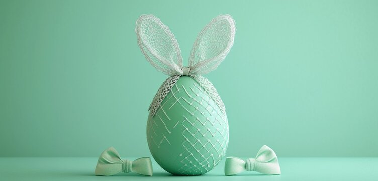 Mint green egg, bunny ears, lace bow, and diamond pattern