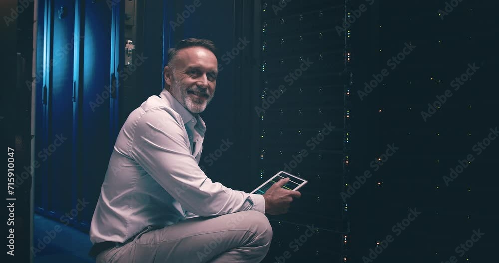Poster face of happy man in data center with tablet, network maintenance and engineer in digital storage on
