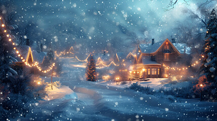 House Christmas string lights in cold snow landscape Generative Ai