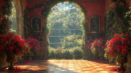 room with large windows and flowers. Generative AI - obrazy, fototapety, plakaty