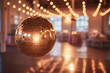 Obraz premium minimalist disco ball in a wedding reception venue, with soft lighting and clean decor, contributing to a romantic and celebratory atmosphere in a minimalistic photo