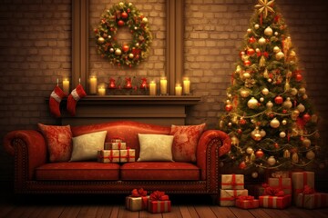  a living room decorated for christmas with a red couch and a christmas tree in front of a fireplace with lit candles.