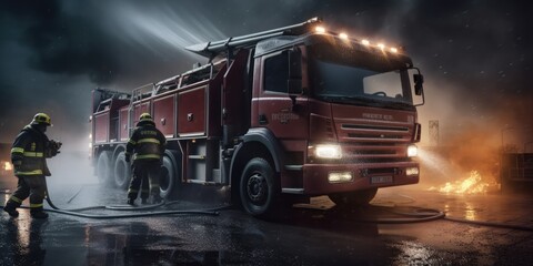 Fire engine. Generative AI. The fire engine are with ladders, firefighting apparatus and water to save lives, suppress wildfire, extinguish building fires. Fire. Fire and Rescue Service