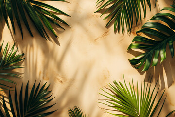 Top view of green tropical leaf on sand background. Flat lay. Minimal summer concept with palm tree leafs. Creative copyspace.