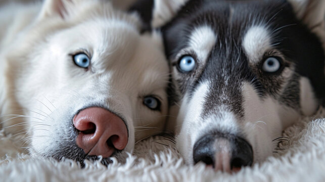 two husky dogs with blue eyes look faithfully at their owner