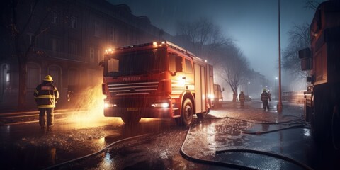 Fire engine. Generative AI. The fire engine are with ladders, firefighting apparatus and water to save lives, suppress wildfire, extinguish building fires. Fire. Fire and Rescue Service - obrazy, fototapety, plakaty