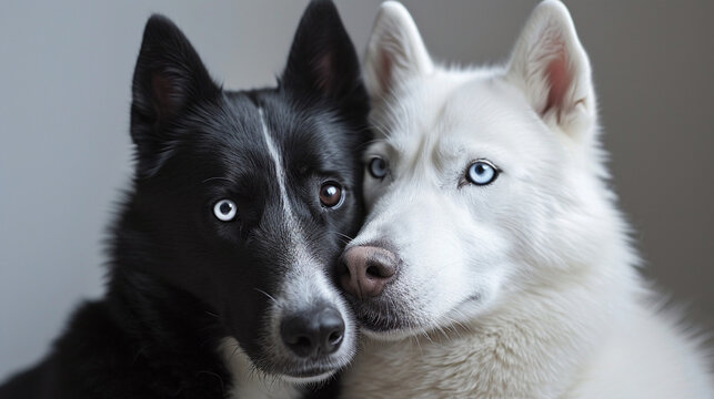 two husky dogs with blue eyes look faithfully at their owner