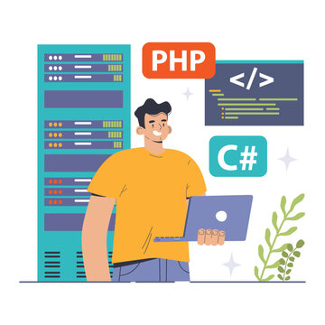 Software development. Coding, back-end and front-end engineering or programming. Software script and algorithm development. Flat vector illustration