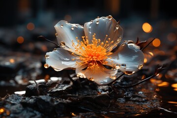  a white flower with yellow center surrounded by raindrops on a black surface with a blurry light in the background.
