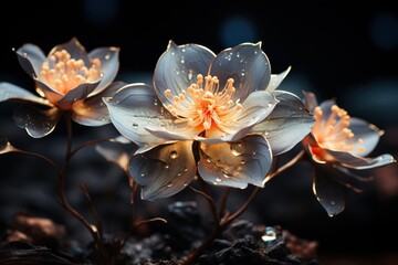  a close up of a flower with drops of water on it's petals and a black background behind it.