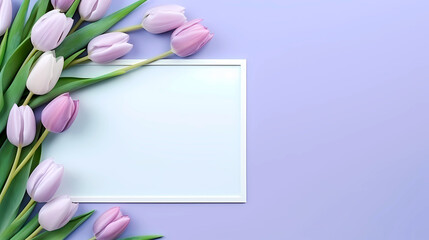Pink and purple tulips on a blue background with a white frame.