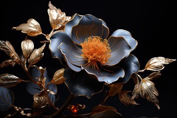  a close up of a blue flower with gold leaves on a black background with a reflection of the petals on the petals.