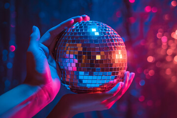 minimalist close-up of hands holding a disco ball, with subtle reflections and clean lines, symbolizing the connection between individuals and the vibrant energy of the dance floor