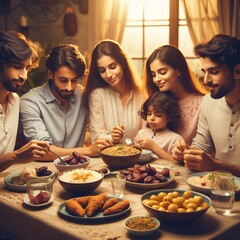 The family gathered around the dining table, filled with a variety of dishes. Ramadan holiday concept.