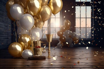  a room filled with gold and white balloons and a bunch of gold and white confetti on the floor.