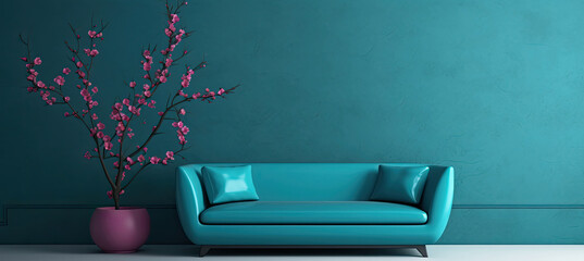 Blue Couch Next to Pink Vase With Flowers