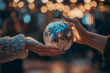 close-up of hands passing a disco ball between friends, with a simple and stylish backdrop, conveying the spirit of camaraderie and shared enjoyment in a minimalistic photo