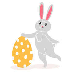 Easter illustration with rabbit and painted egg for the holiday in cartoon style