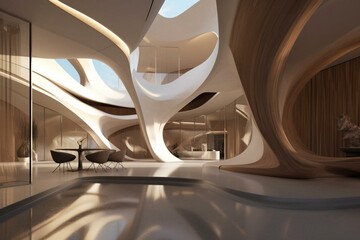 Architectural design with flowing organic shapes and sleek surfaces. Generative AI