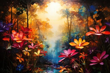  a painting of a forest filled with lots of flowers and a stream in the middle of the forest with a bright sun shining through the trees.