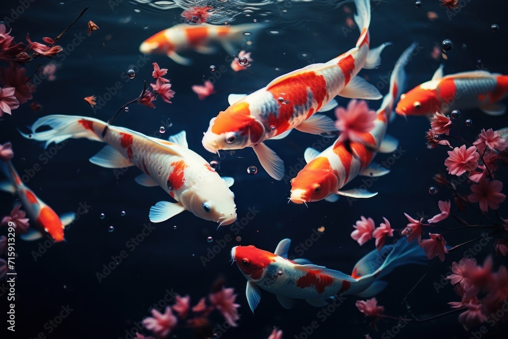 Wall mural a group of orange and white koi fish swimming in a pond of water with pink flowers in the background